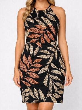 Guess Womens Black Orange Tropical Leaf Halter Neck Sheath Dress Size  14